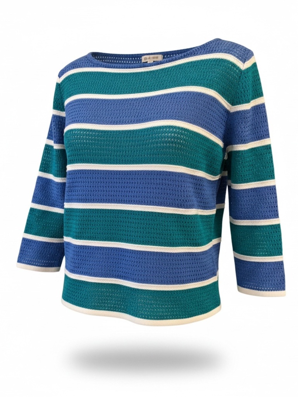 St. John Striped Blue, Teal & Cream Crewneck Sweater XS Petite